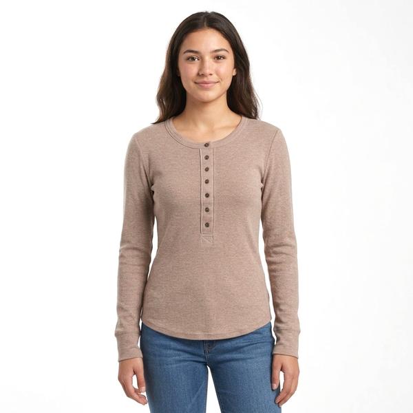 Juniors Pink Rose Long Sleeve Ribbed Button Up Henley Top - image 