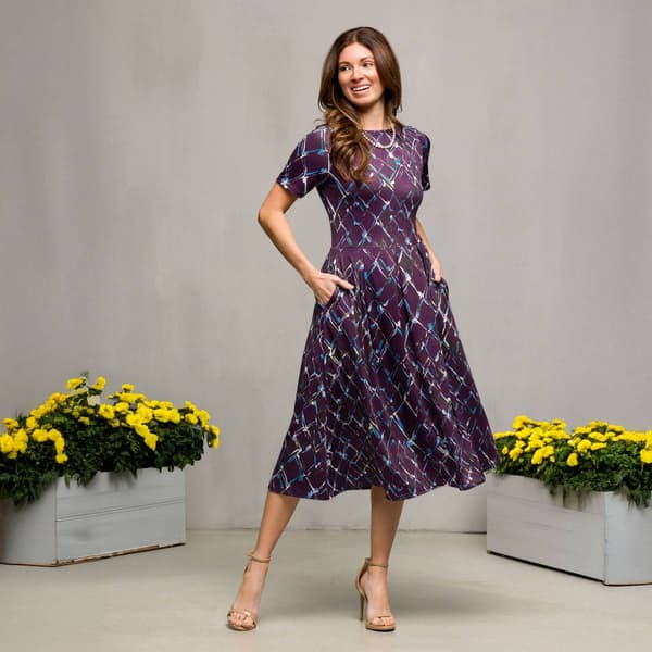 Women 24/7 Comfort Apparel Purple Pleated Flare Midi Pocket Dress