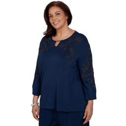 Plus Size Alfred Dunner Good To Go Scroll Soutache Split Neck Top