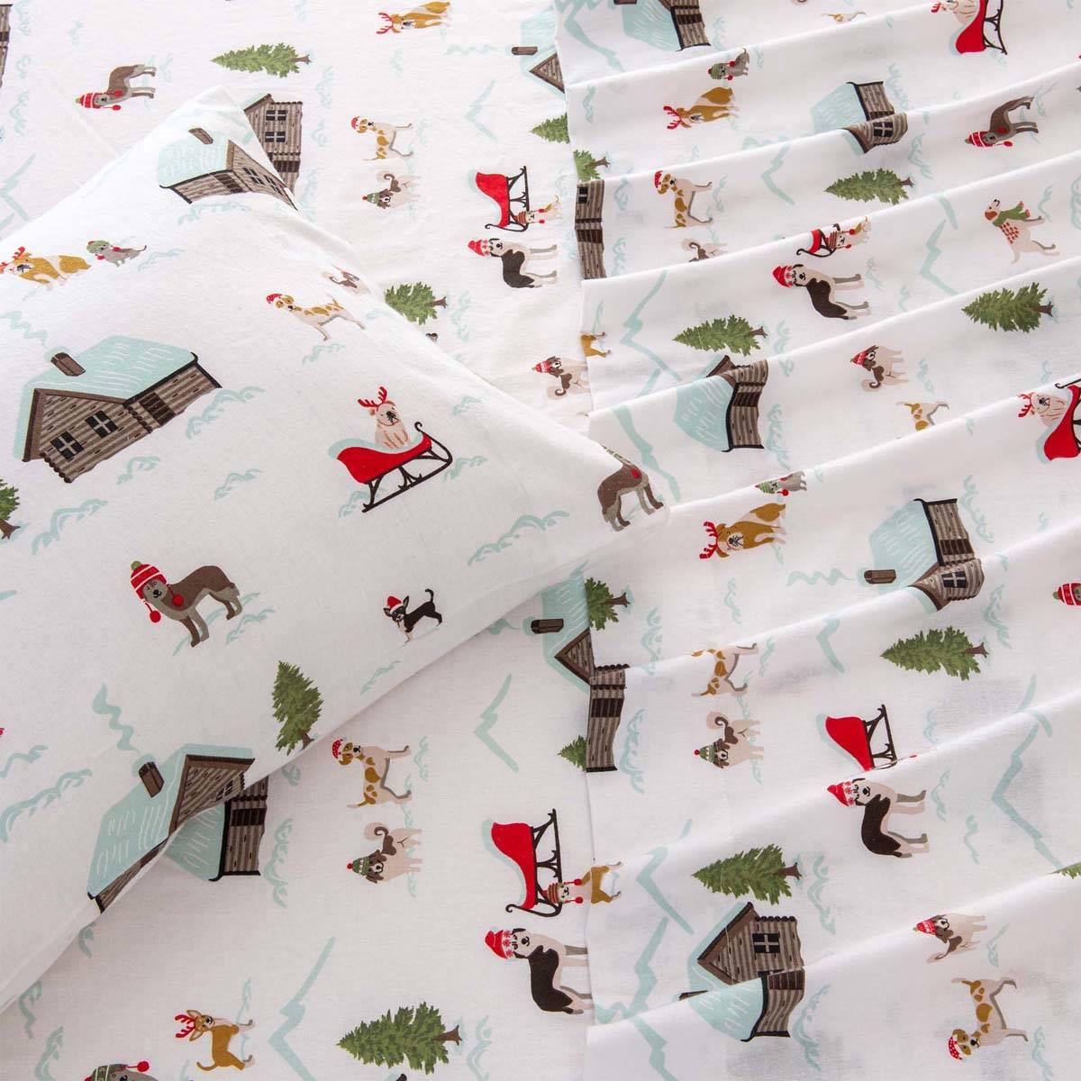 Freshfolds Cotton Pups With Hats Holiday 4pc. Flannel Sheet Set