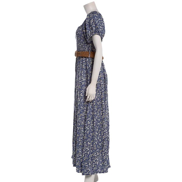 Juniors Wallflower Challis Smock Bodice Puff Sleeve Maxi Dress