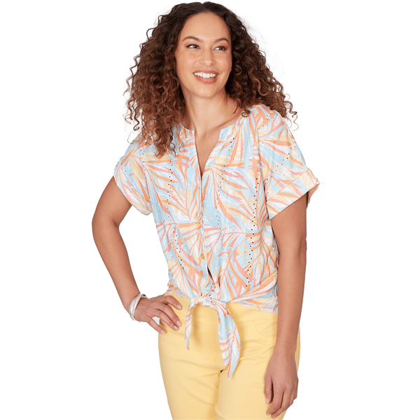 Petite Hearts of Palm Fun in the Sun Leaf Tie Front Blouse