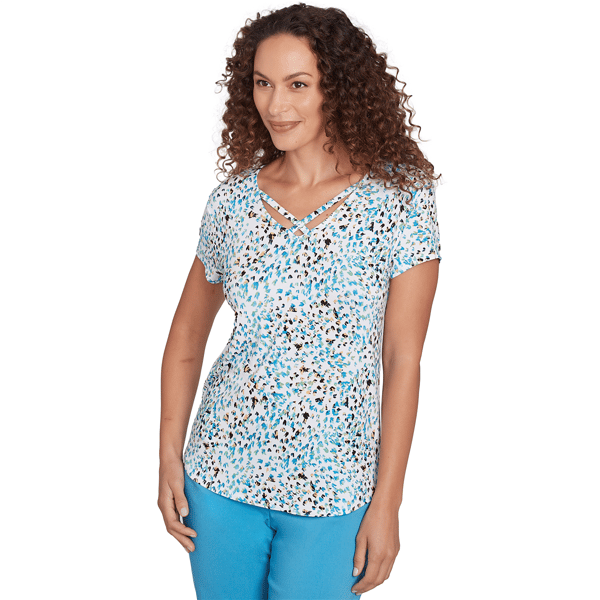 Womens Emaline Key Items Abstract Leopard Criss-Cross V-Neck Tee