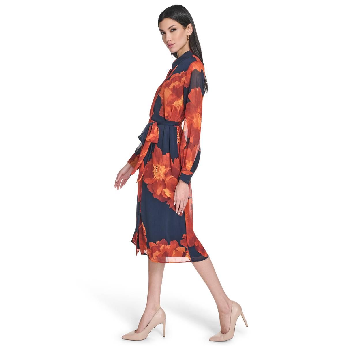 Womens Calvin Klein Long Sleeve Floral Belt Waist Shirtdress
