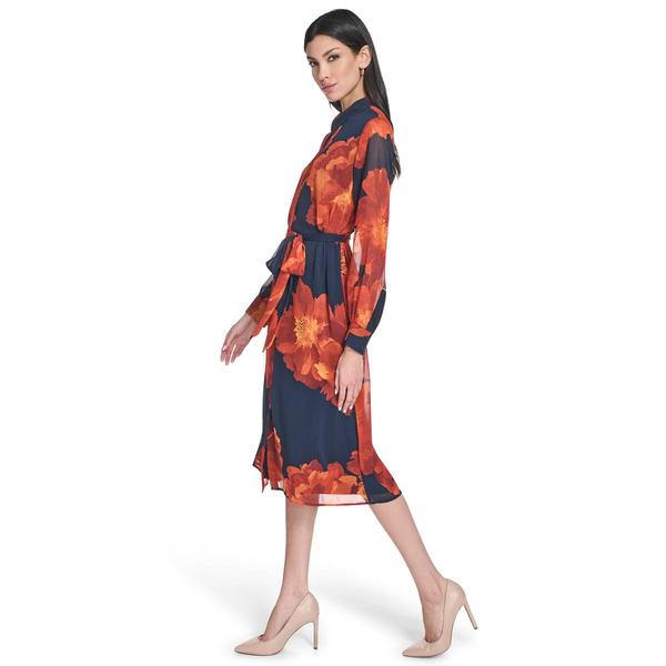 Womens Calvin Klein Long Sleeve Floral Belt Waist Shirtdress