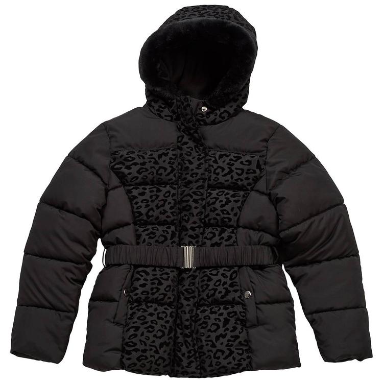 Girls (7-16) Rothschild Flocked Leopard Belted Puffer Coat