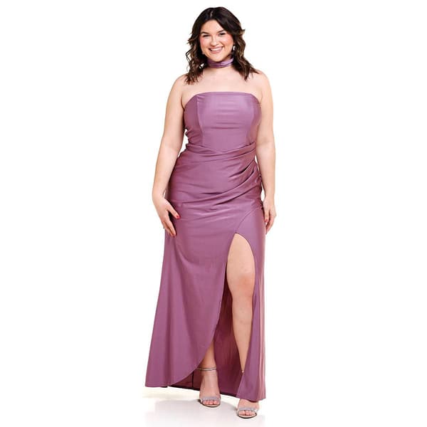 Juniors Plus Emerald Sundae Satin Strapless Ruched Sheath Dress - image 