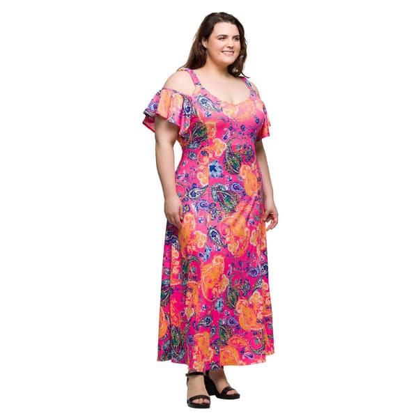 Plus Size 24/7 Comfort Apparel Paisley Cold Shoulder Maxi Dress