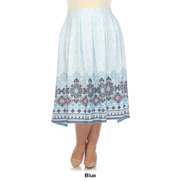 Plus Size White Mark Pleated Skirt with Border Prints