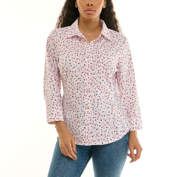 Womens Zac & Rachel 3/4 Sleeve All Over Heart Casual Button Down - image 