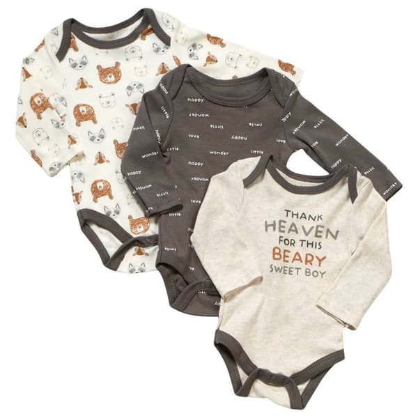 Baby Boy &#40;NB-9M&#41; Chick Pea 3pk. Happy Bear Long Sleeve Bodysuits - image 