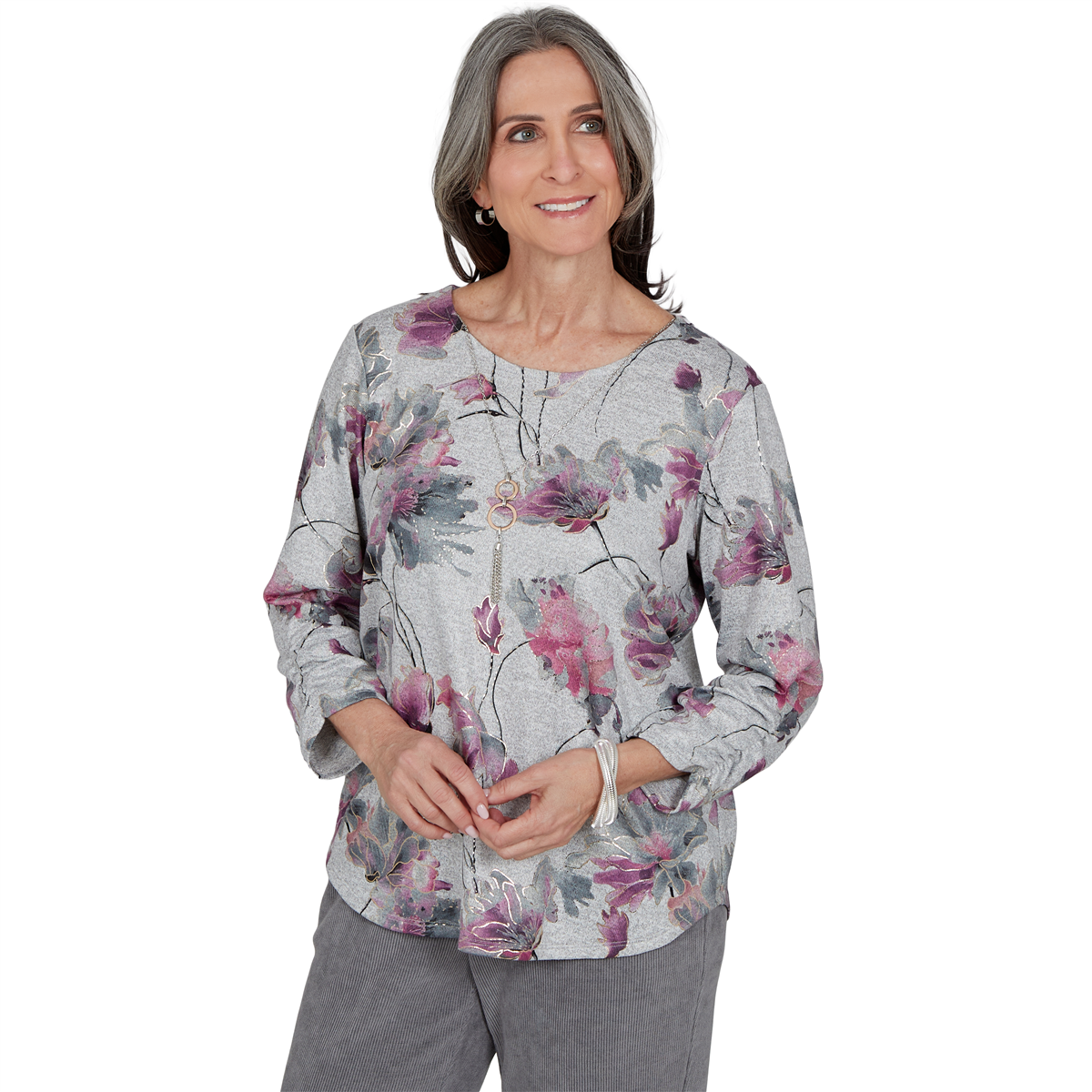 Womens Alfred Dunner Vail 3/4 Ruch Sleeves Floral Blouse