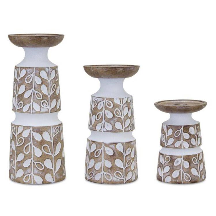 Melrose Wooden Leaf Pattern Candle Holder  - Set of 3