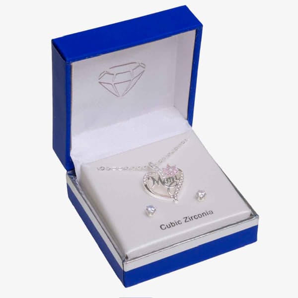 Silver-Tone CZ Heart Pendant & Earring Set - image 