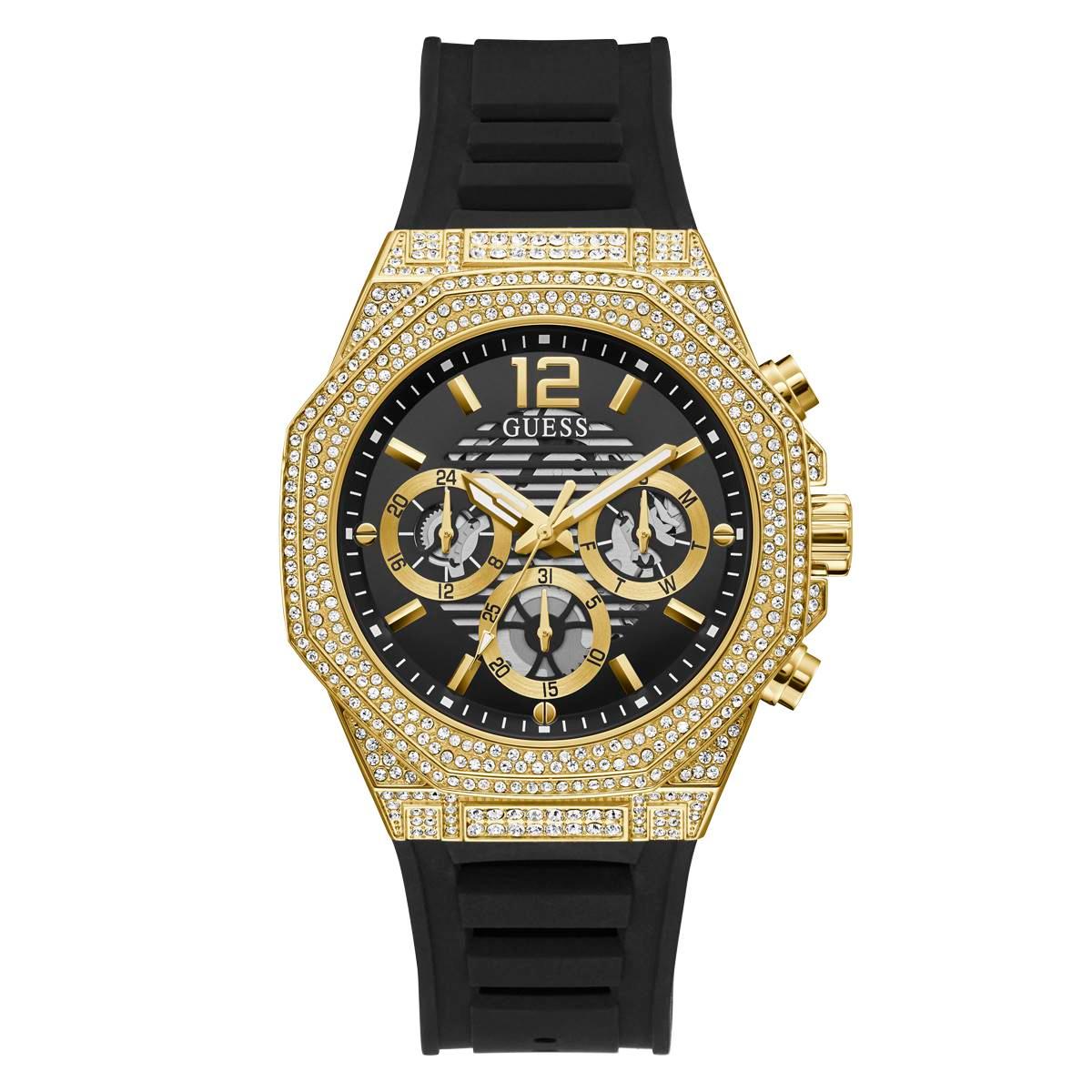 Mens GUESS Watches® Gold Tone Case Black Silicone Watch...