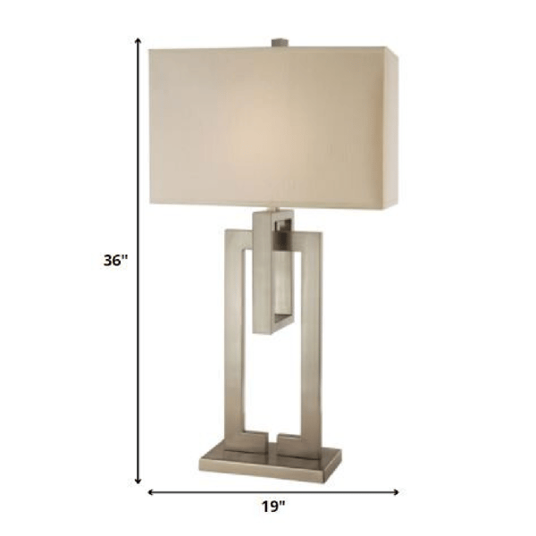 HomeRoots 36in. Nickel Iron Geometric Table Lamp with Ivory Shade