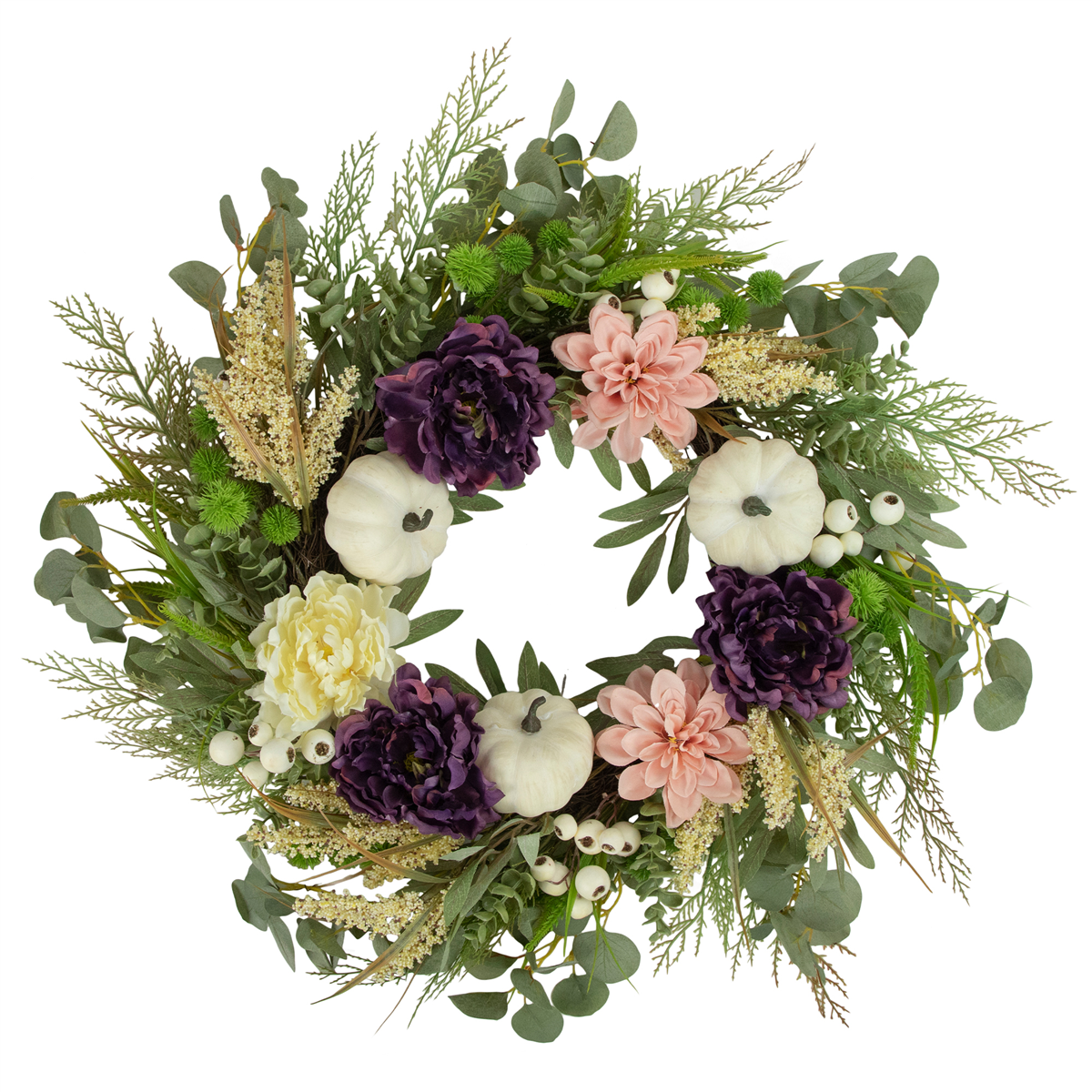 Open Video Modal for Northlight 24in. Peony &amp; Pumpkin Artificial Fall Harvest Wreath