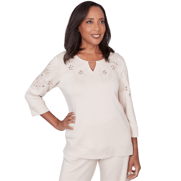 Womens Alfred Dunner Seville Floral Embroidered Beaded Split Nec