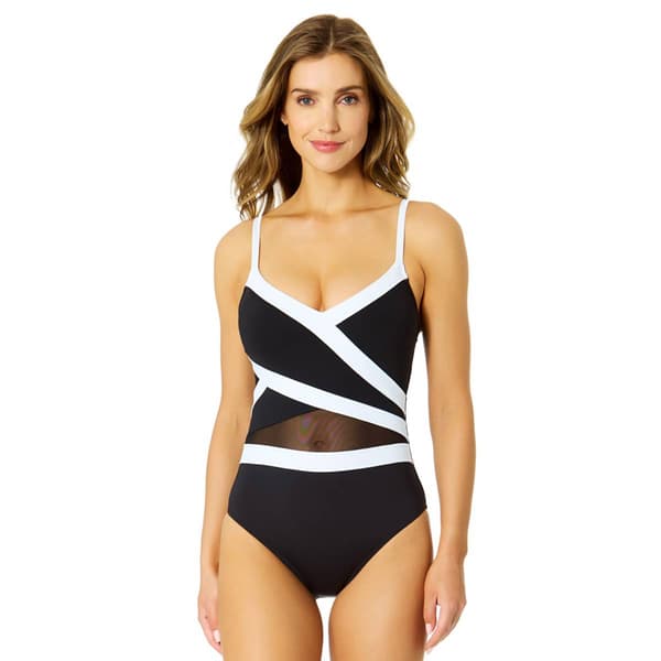 Womens Anne Cole Gabor Color Block Mesh Crossover 1 Piece Suit - image 