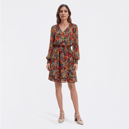 Womens MSK Long Sleeve V-Neck Floral Chiffon A-Line Dress