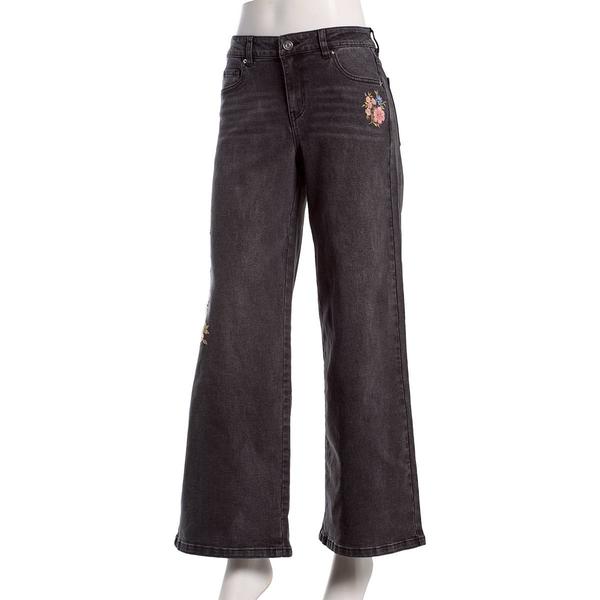 Juniors No Comment Mid Rise Wide Leg Floral Embroidered Jeans - image 