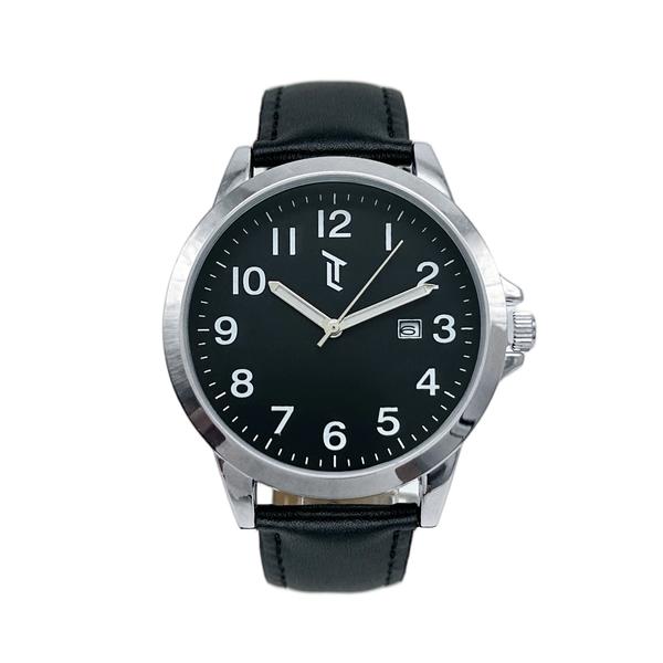 Mens 42mm Silver-Tone Watch with Black Leather Strap - MWLTBV-02 - image 