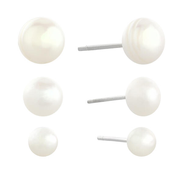 Sterling Silver Pearl Trio Stud Earrings - image 