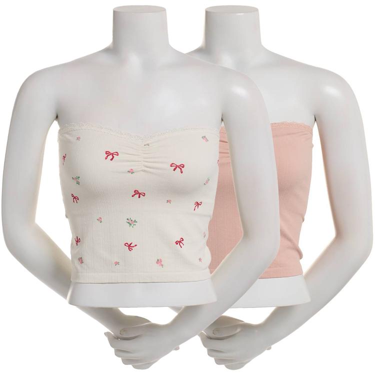 Juniors Pink Rose 2pk. Teddy Flowers & Bow Tube Tops w/ Lace Trim