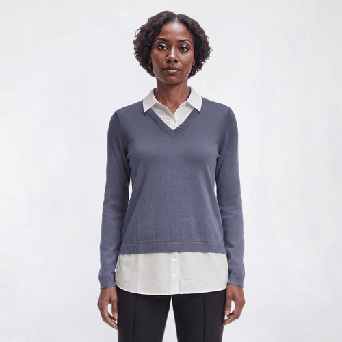 Womens Adrianna Papell Long Sleeve V-Neck 2Fer Solid Sweater
