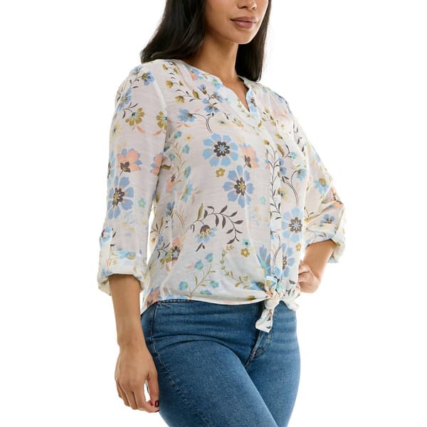 Petite Zac & Rachel 3/4 Sleeve Floral Tie Front Button Down