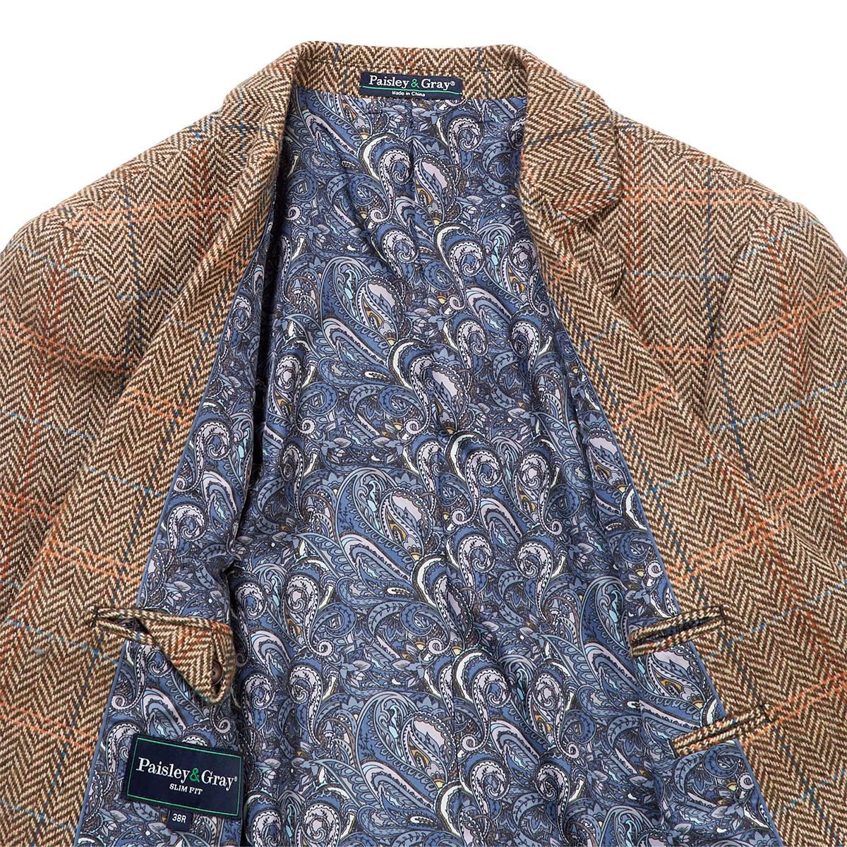 Mens Paisley & Gray Herringbone Notch Jacket - Brown/Orange