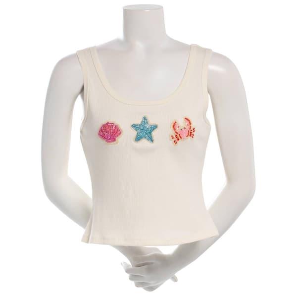 Juniors No Comment Center Beaded Applique Rib Tank