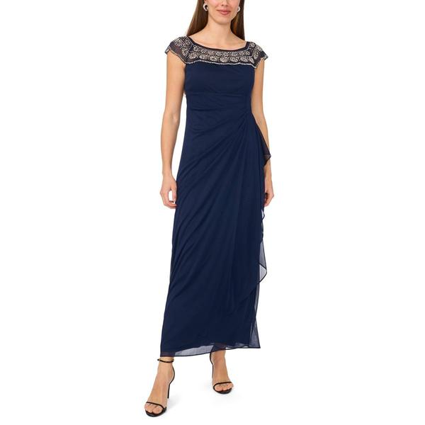 Womens MSK Beaded Trim Mesh Side Ruched Gown