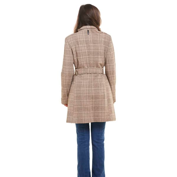 Womens DKNY Stand Collar Plaid Wool Coat