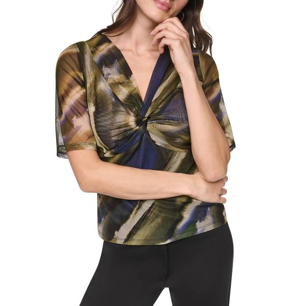 Womens DKNY Elbow Sleeve Twist Front V Neck Brushed Print Mesh T - image 