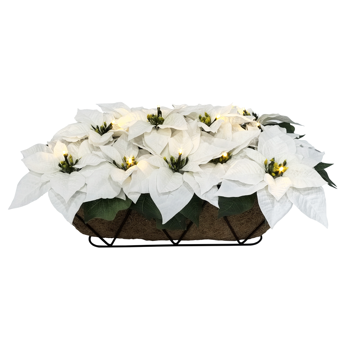 Puleo International Pre-Lit White Poinsettia Window Box Decor