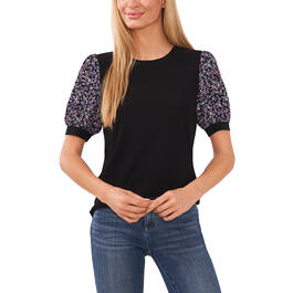 Womens Cece Floral Puff Sleeve Mix Media Top