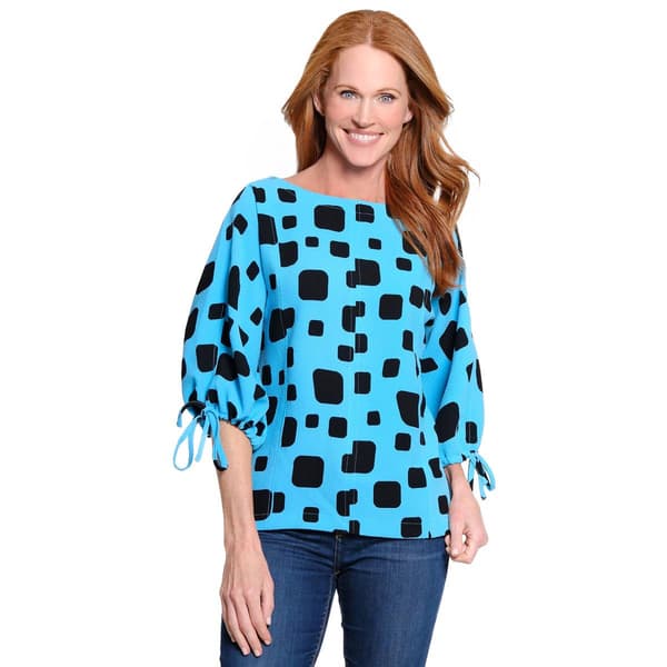 Womens Ali Miles 3/4 Cinch Tie Sleeve Square Block Top