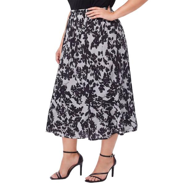 Plus Size NY Collection Pull On Black Floral Hacci Midi Skirt