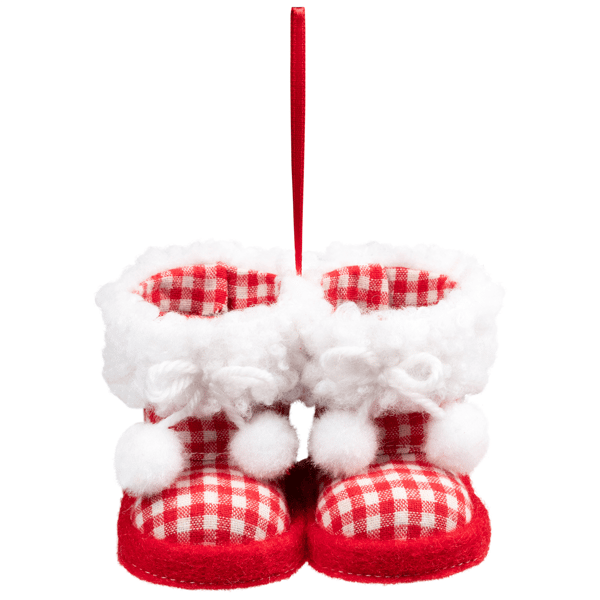 Northlight Checkered Baby Boots with Pom Poms Christmas Ornament