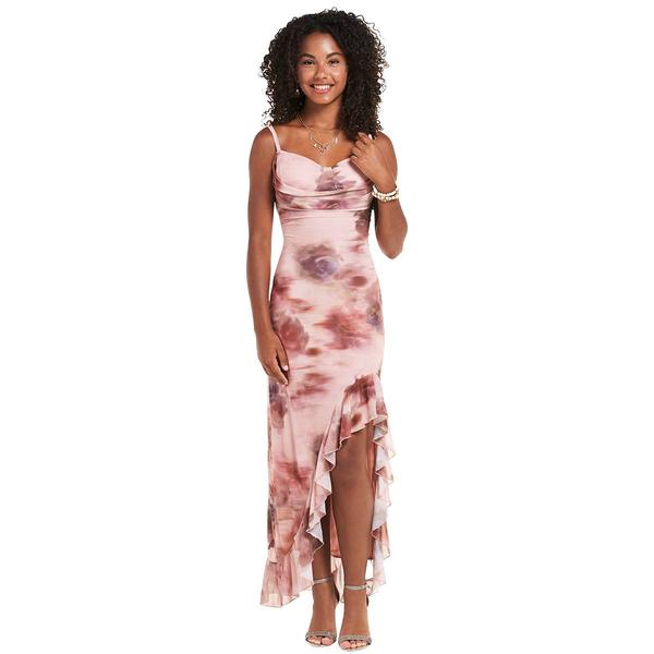 Juniors Madden Girl Mesh Cowl Neck High Low Maxi Dress- Nude