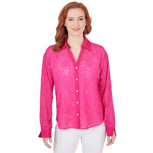 Petite Ruby Rd. Bright Blooms Solid Button Front Romantic Blouse - image 
