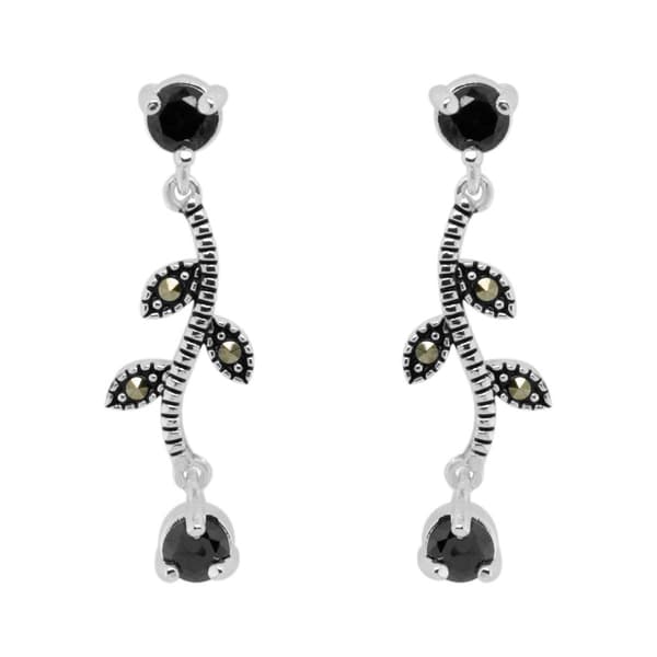 Marsala Marcasite & Black Cubic Zirconia Flower Drop Earrings - image 