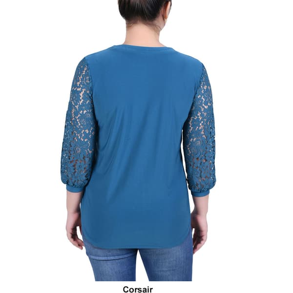 Womens NY Collection 3/4 Lace Sleeve Pleated Front Blouse