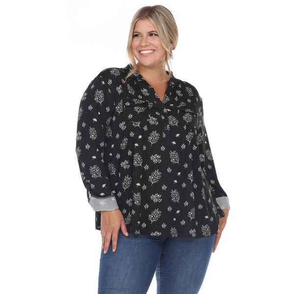 Plus Size White Mark Pleated Long Sleeve Leaf  Blouse - image 