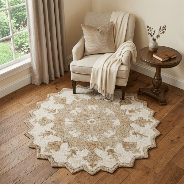 HomeRoots Round Tan Retro Modern Medallion Area Rug