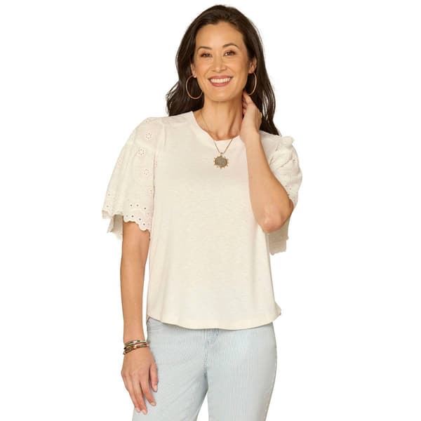 Womens Democracy Short Scallop Eyelet Sleeve Blouse