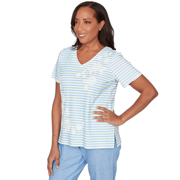 Petite Alfred Dunner Caribbean Blues Stripe Floral Embroidery Tee