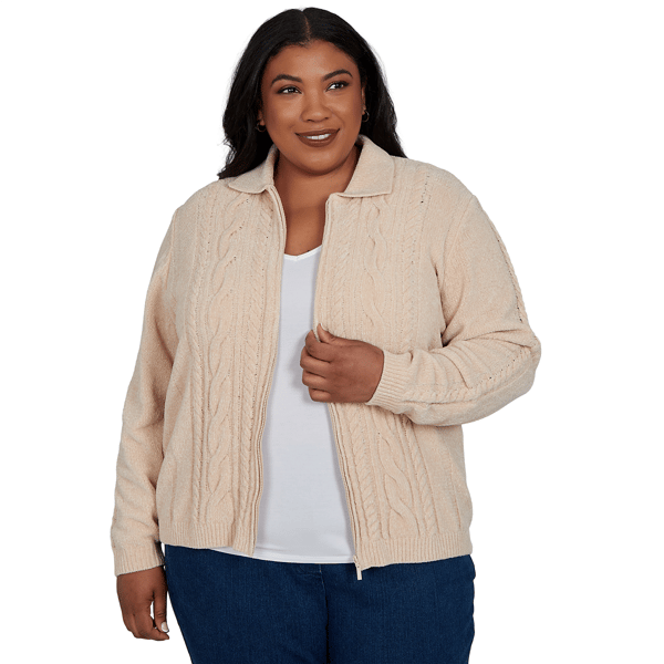 Plus Size Alfred Dunner Classics Cable Knit Zip Front Cardigan - image 