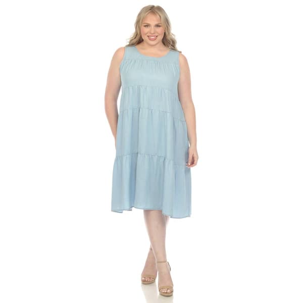 Plus Size White Mark Sleeveless Tiered Chambray Midi Dress - image 